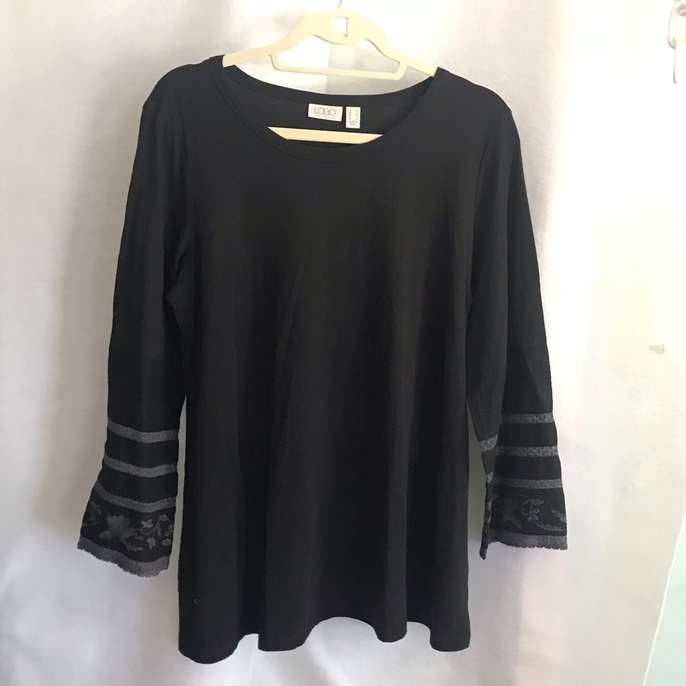 LOGO by Lori Goldstein Black Long-Sleeve Top with Embroidered Bell Cuffs